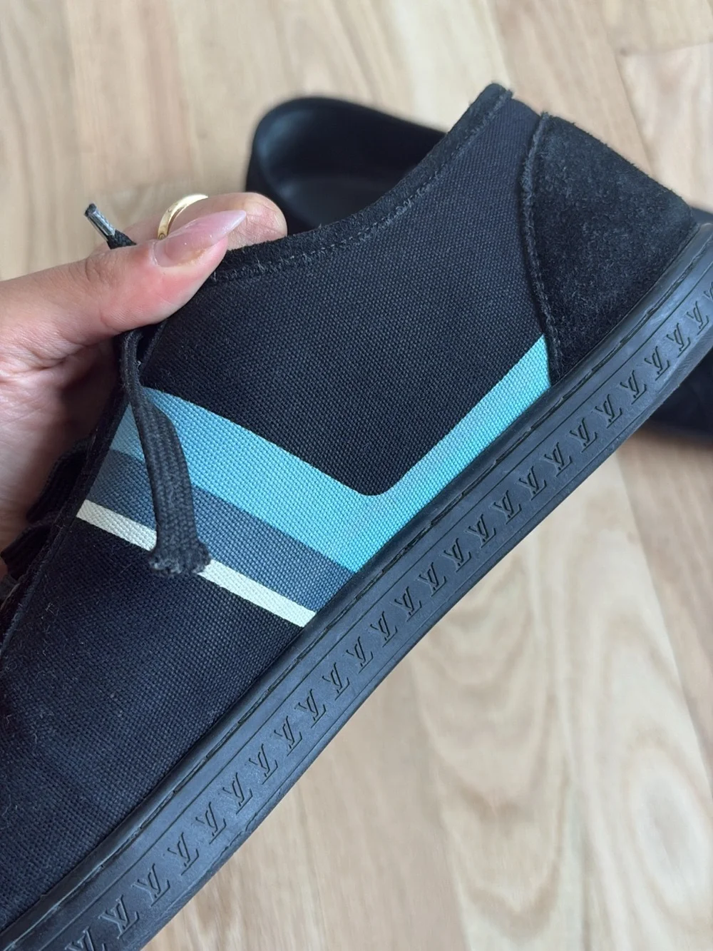 Louis Vuitton Black Sneakers with Blue Stripe